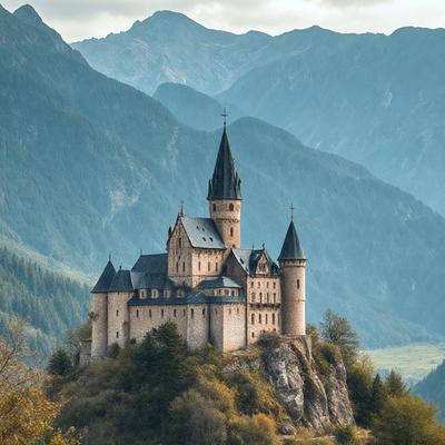 Primary subject: A large, old castle with a pointed roof, situated on a hillside.

Setting/background: The castle is surrounded by a lush green forest, with mountains in the background.

Visual style: The image is a photo of the castle, showcasing its architectural details and natural surroundings.

Colors and mood: The castle has a warm, earthy color palette, with the green forest and mountains adding a sense of tranquility and natural beauty to the scene.